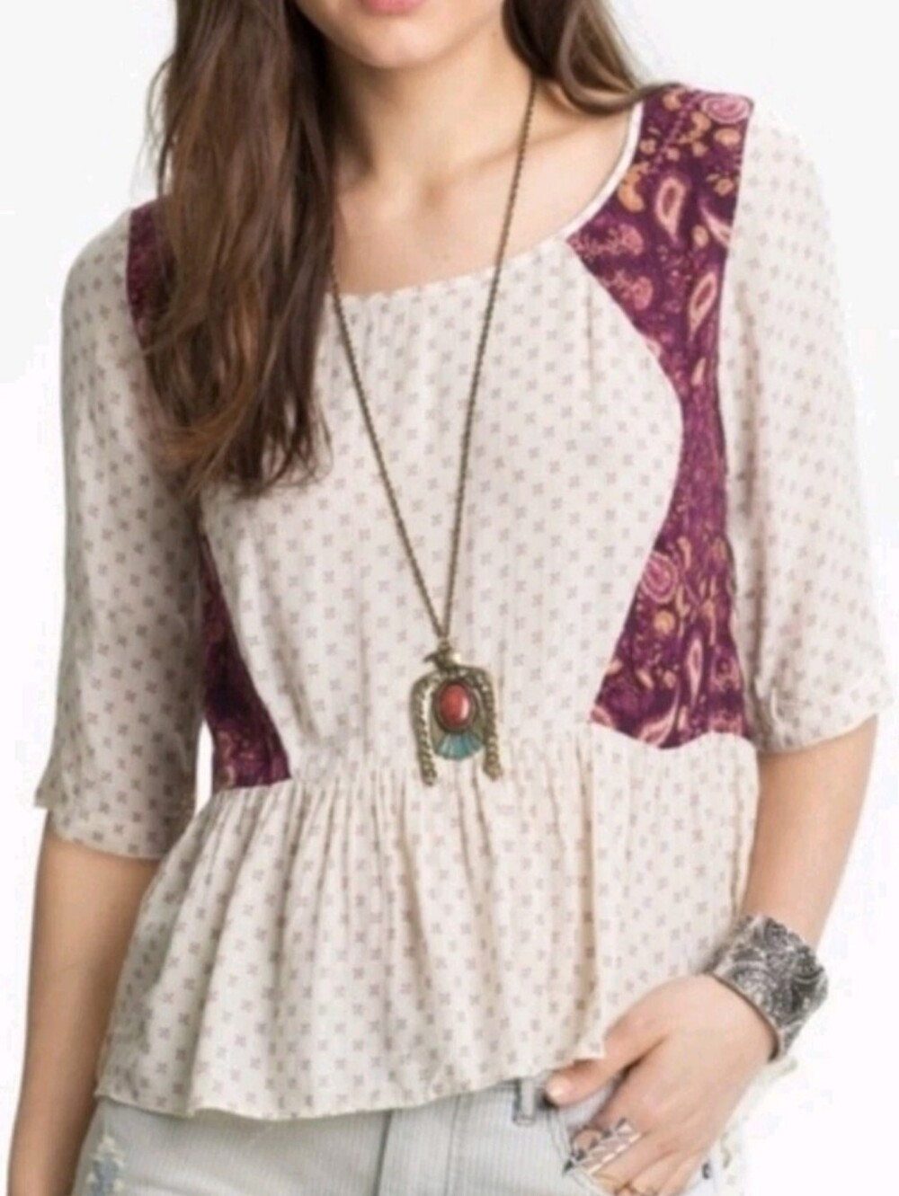 Free People Dandelion Ivory/Magenta Paisley 3/4 Sleeve Peplum Top Women's Size S